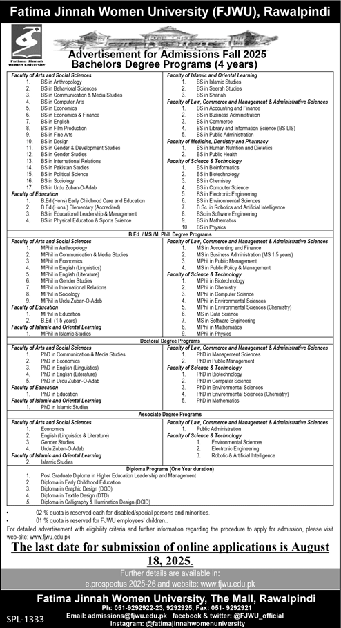 Admission Open in Fatima Jinnah Women University Rawalpindi